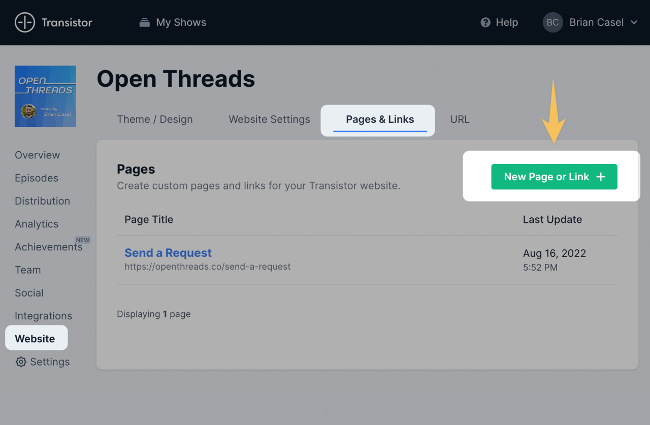 Add a new page to your Transistor podcast website
