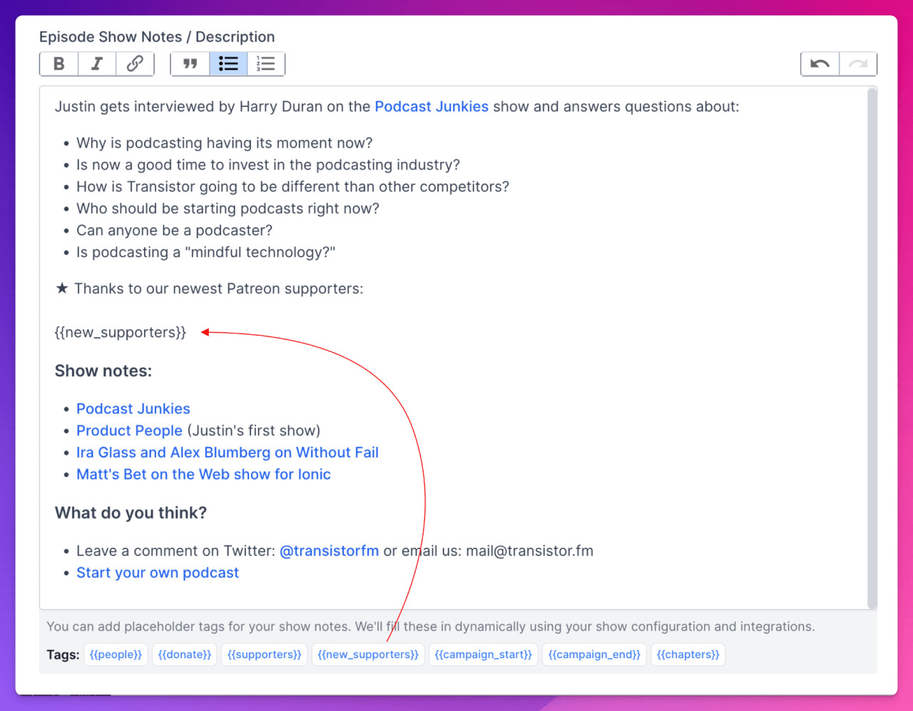 Automatically add a list of Patreon supporters to your podcast's show notes