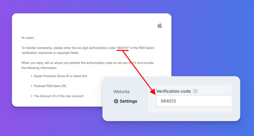 Apple Podcasts verification code field
