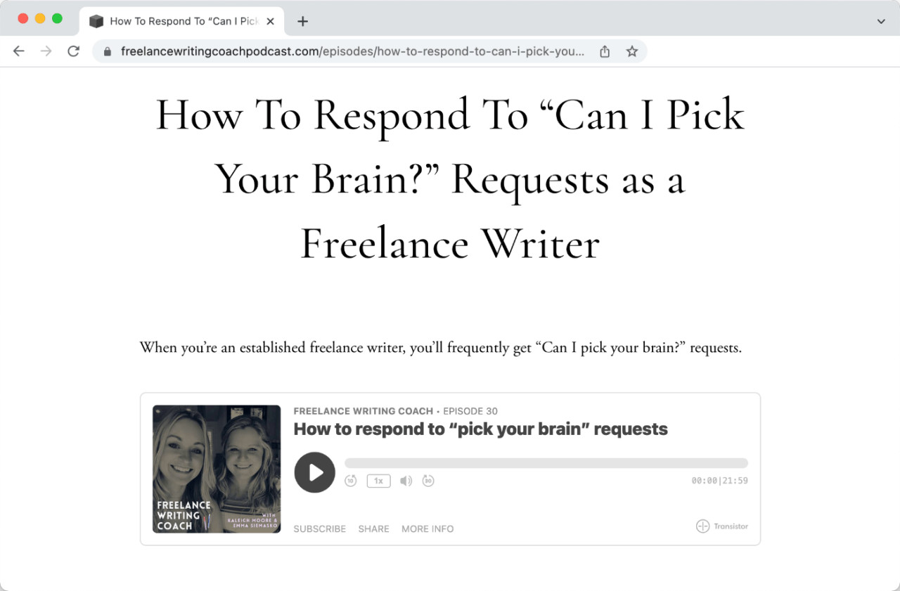 Example of an embedded podcast audio player in a blog post
