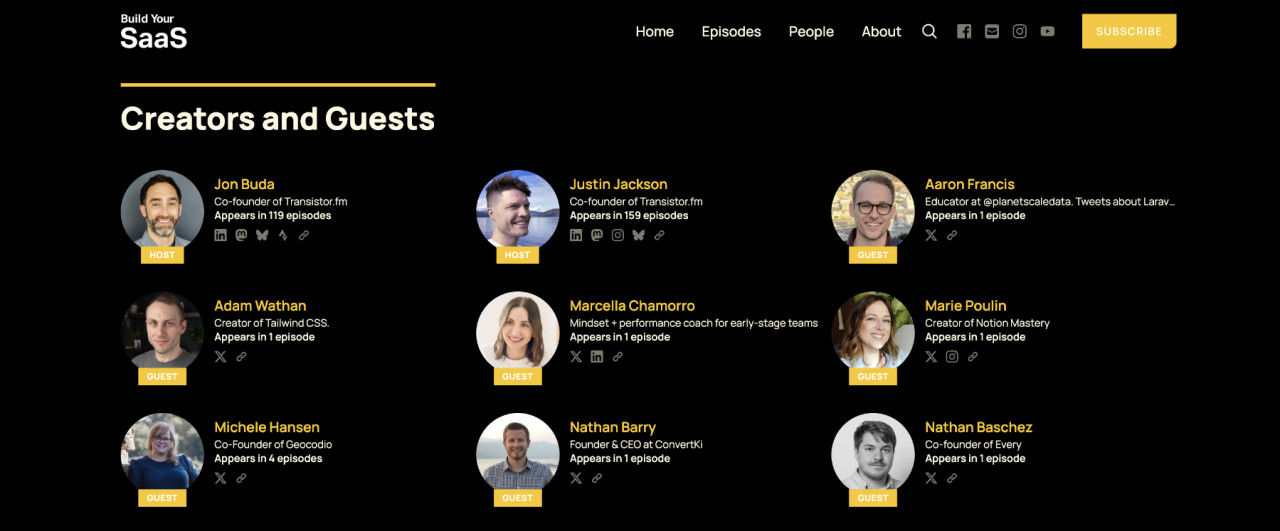 Podcasting 2.0 person tag being used on podcast website guest directory
