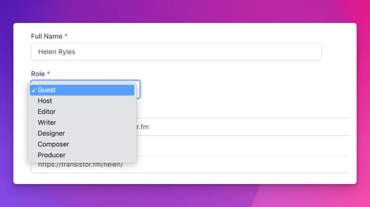 Define podcast credits for guests, hosts, editors, writers, designers, composers, producers