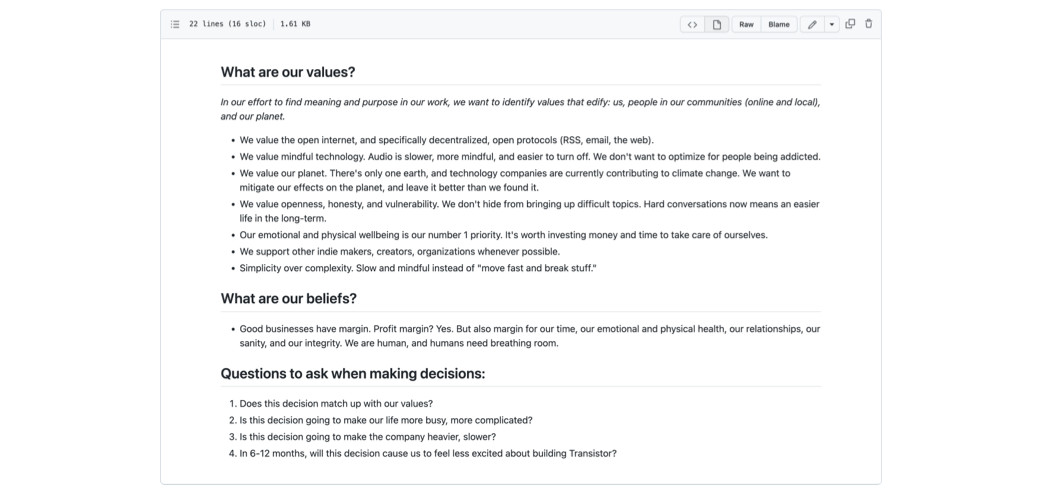Transistor's list of values, beliefs, and guiding questions